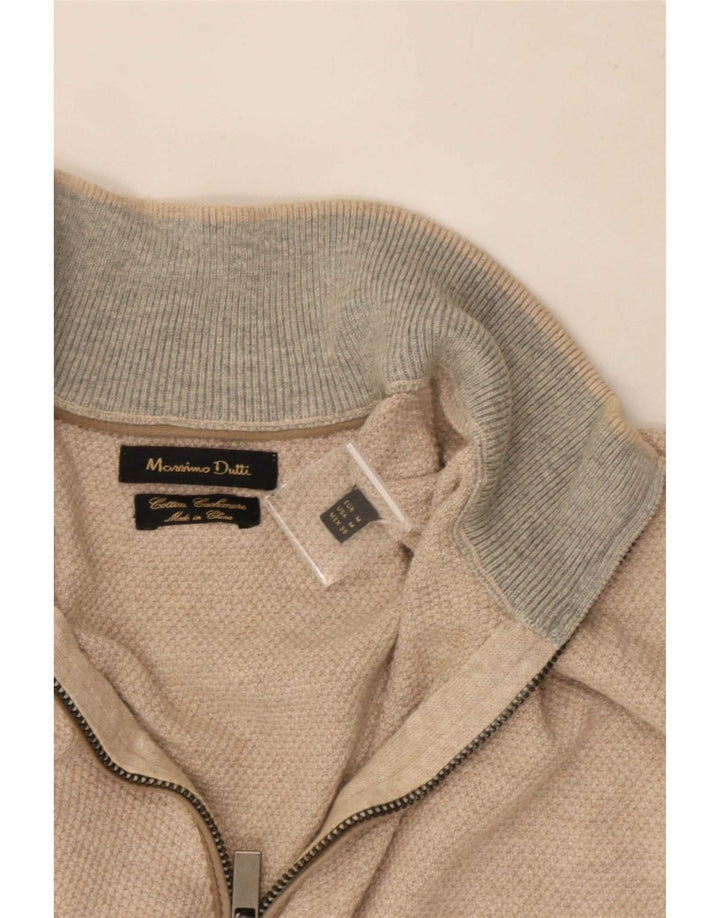 Massimo Dutti Mens Zip Neck Jumper Sweater Medium Beige Cotton