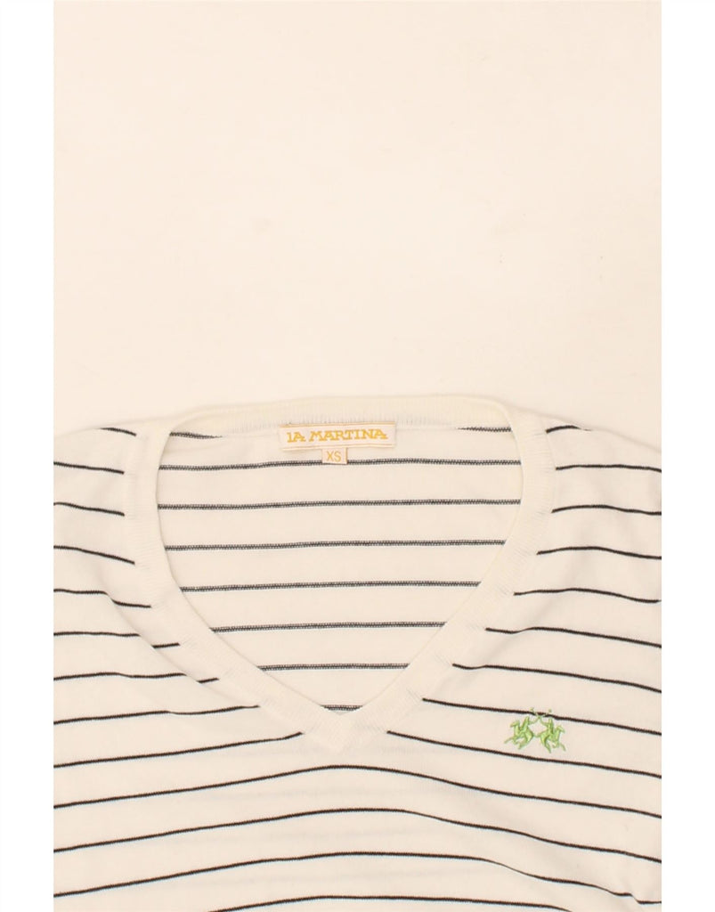 LA MARTINA Womens Loose Fit V-Neck Jumper Sweater UK 6 XS White Striped Vintage La Martina and Second-Hand La Martina from Messina Hembry 