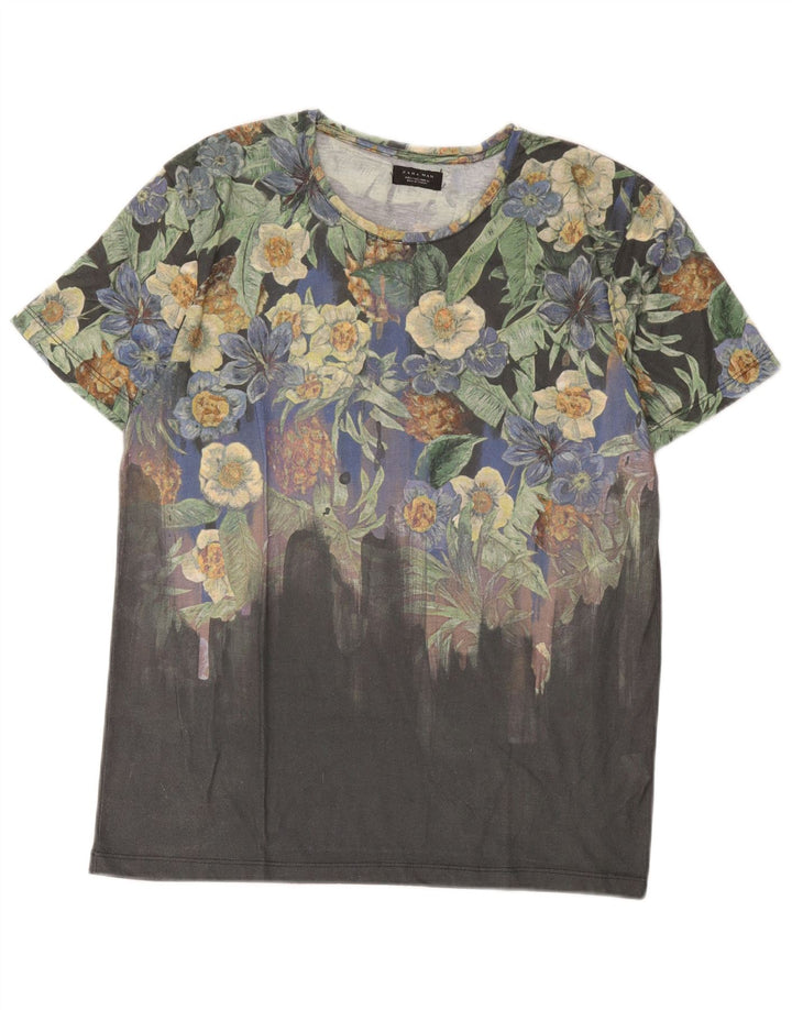 Zara Mens Graphic T-Shirt Top Large Grey Floral Polyester
