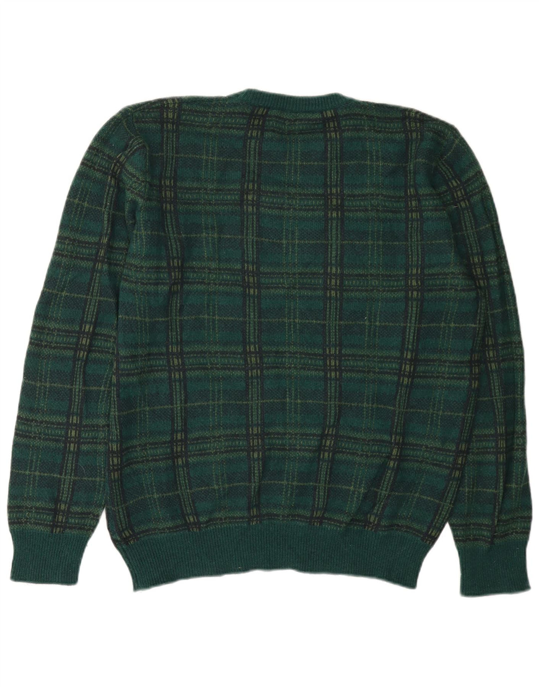 Benetton Mens Crew Neck Jumper Sweater XL Green Check Wool