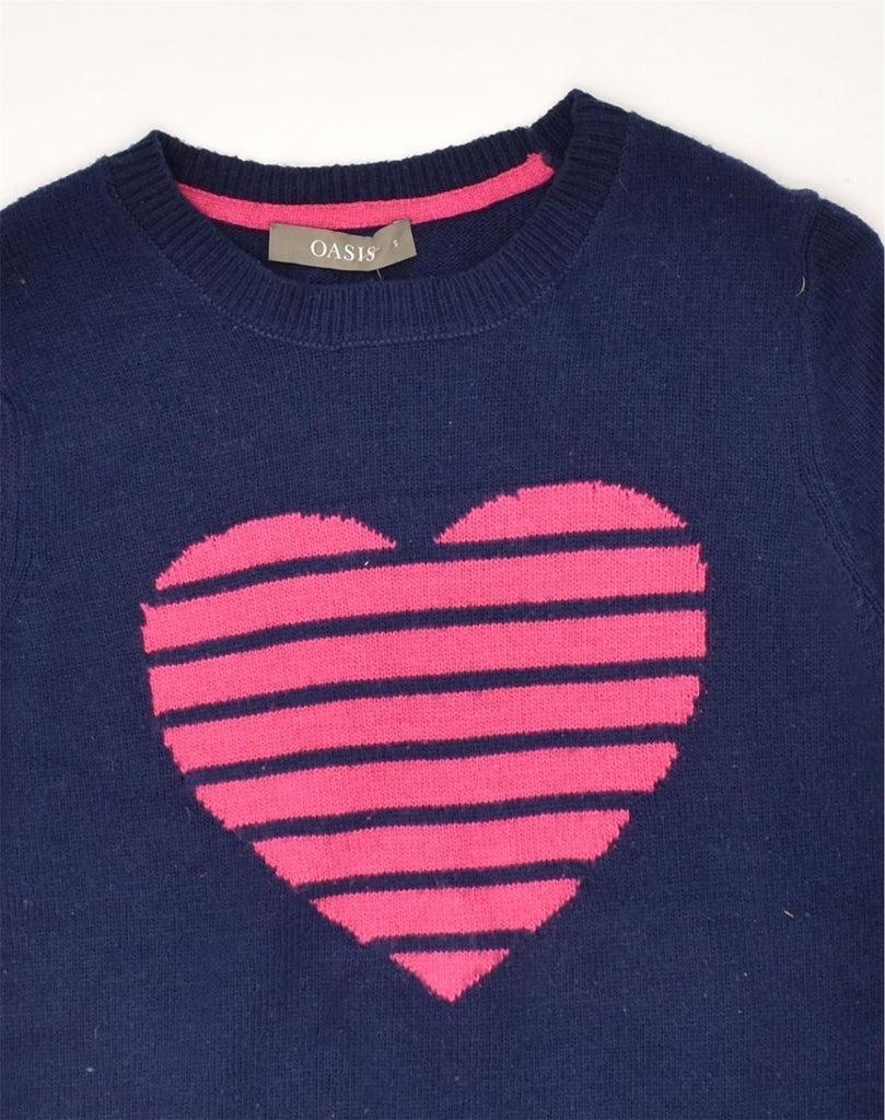 OASIS Womens Graphic Crew Neck Jumper Sweater UK 10 Small Navy Blue Heart | Vintage Oasis | Thrift | Second-Hand Oasis | Used Clothing | Messina Hembry 