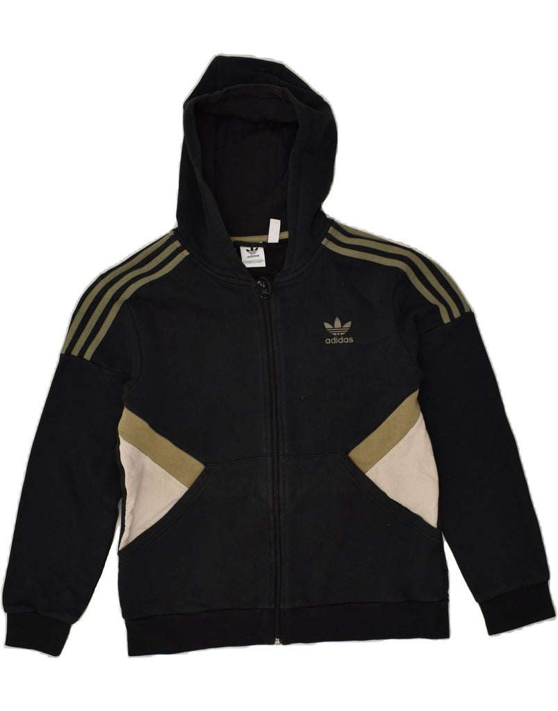 ADIDAS Boys Zip Hoodie Sweater 13-14 Years Black Colourblock Cotton | Vintage Adidas | Thrift | Second-Hand Adidas | Used Clothing | Messina Hembry 