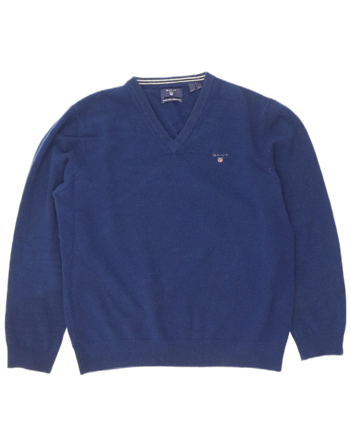 Gant Womens V-Neck Jumper Sweater UK 14 Large Blue Lambswool