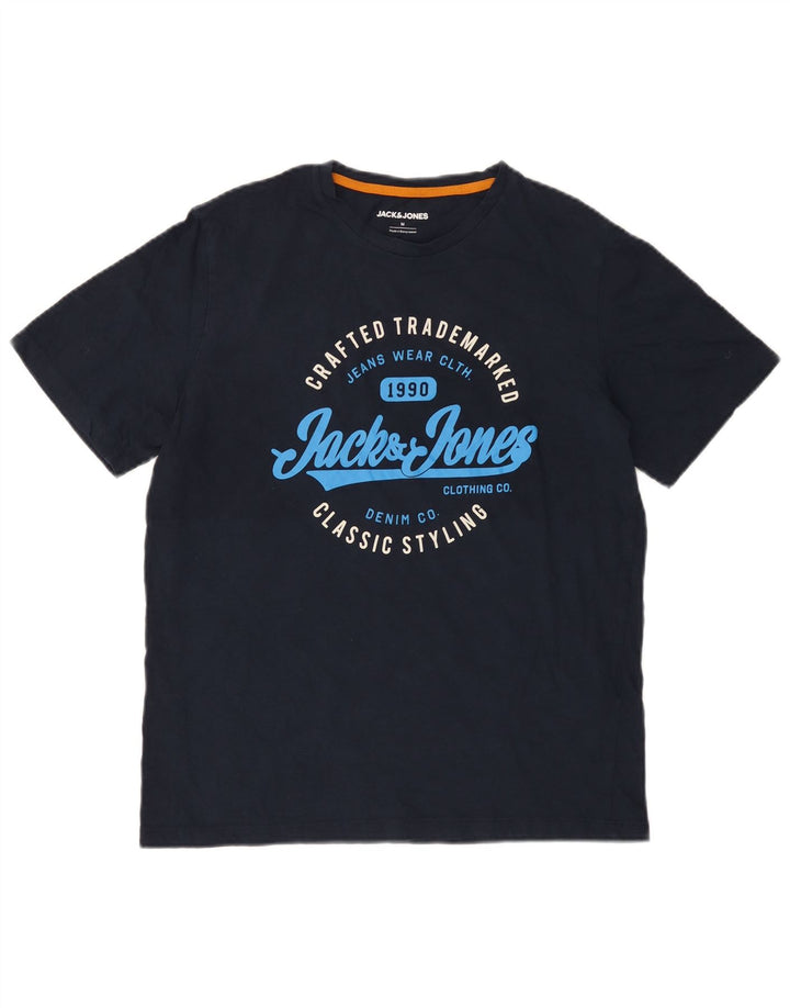 Jack & Jones Mens Graphic T-Shirt Top Medium Navy Blue Cotton