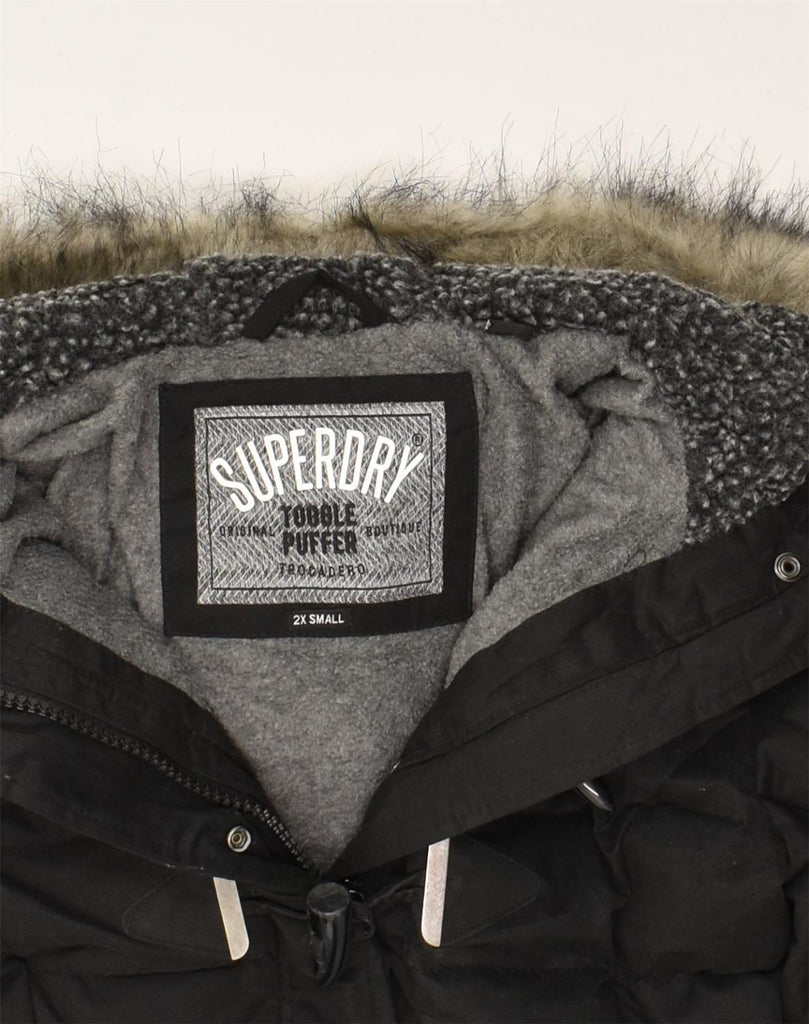 SUPERDRY Womens Hooded Duffle Padded Jacket UK 2 2XS Black Polyester | Vintage Superdry | Thrift | Second-Hand Superdry | Used Clothing | Messina Hembry 