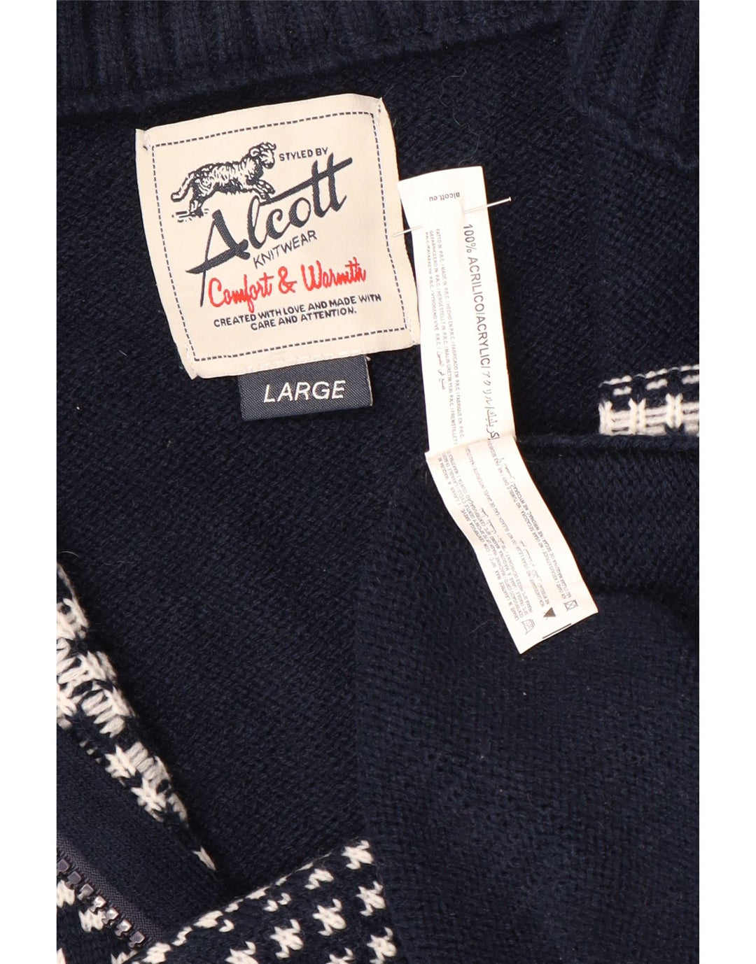 Alcott Mens Cardigan Sweater Large Navy Blue Fair Isle Acrylic