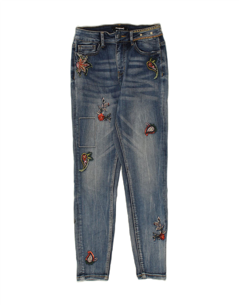 DESIGUAL Womens Graphic Skinny Jeans W28 L26  Blue Floral Cotton Vintage Desigual and Second-Hand Desigual from Messina Hembry 