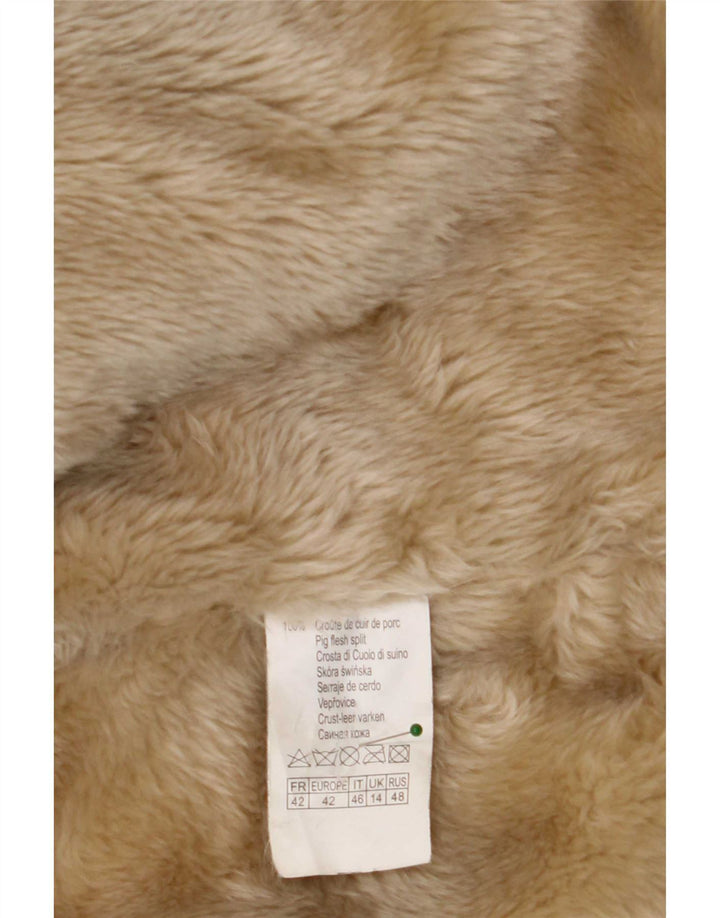 Camaieu Womens Double Breasted Shearling Coat UK 14 Large Beige Leather