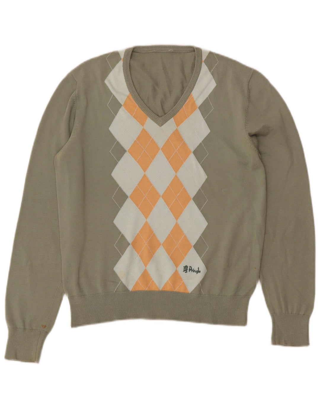 PRINGLE Womens V-Neck Jumper Sweater UK 14 Medium Khaki Argyle/Diamond