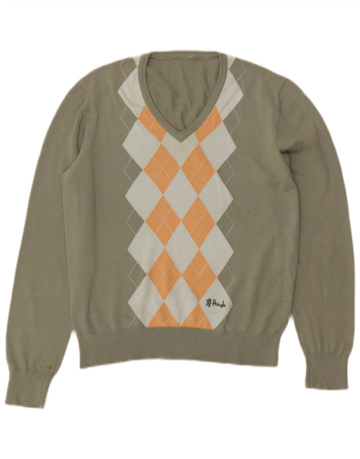 PRINGLE Womens V-Neck Jumper Sweater UK 14 Medium Khaki Argyle/Diamond