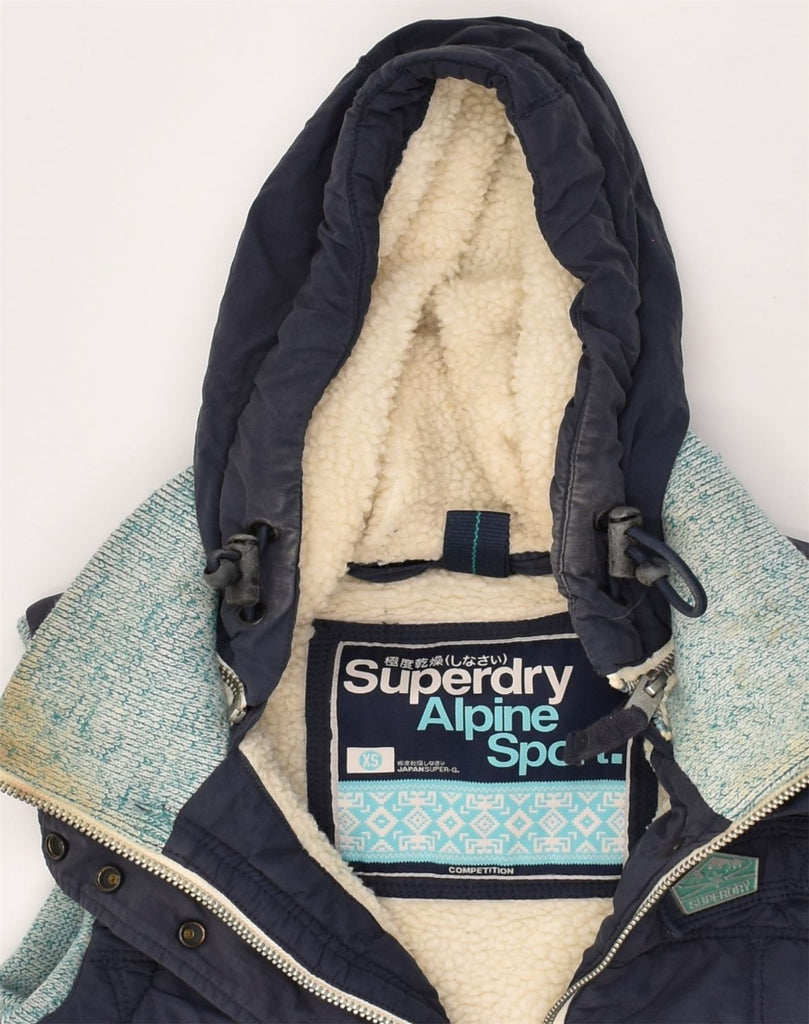 SUPERDRY Womens Hooded Sherpa Padded Gilet UK 4 XS Navy Blue Cotton | Vintage Superdry | Thrift | Second-Hand Superdry | Used Clothing | Messina Hembry 