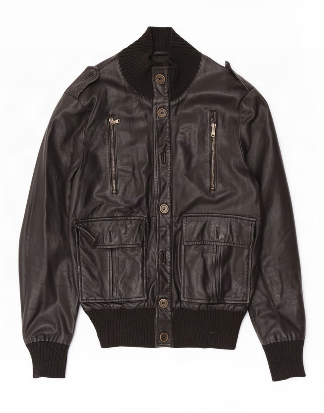 Squero Mens Military Leather Jacket UK 36 Small Black