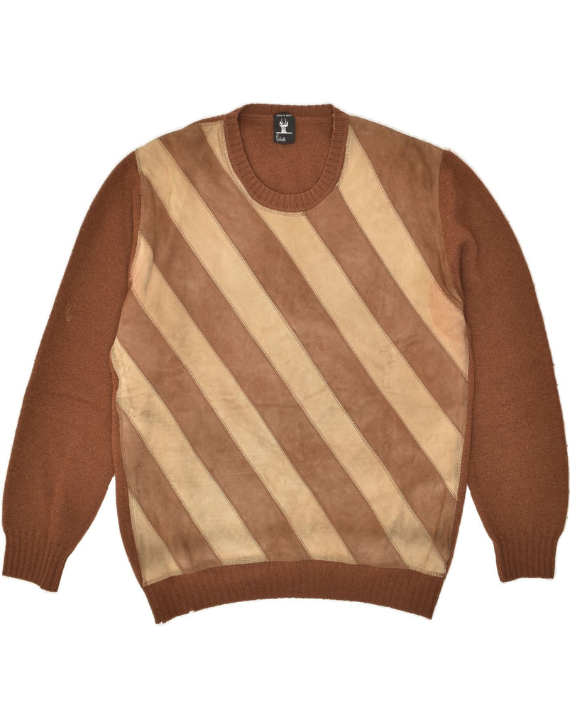 VINTAGE Mens Crew Neck Jumper Sweater Medium Brown Striped | Vintage Vintage | Thrift | Second-Hand Vintage | Used Clothing | Messina Hembry 