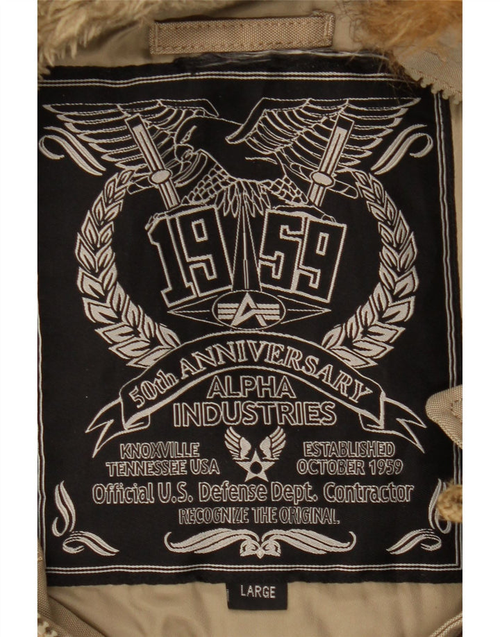 Alpha Industries Mens Hooded Parka Jacket UK 40 Large Beige Polyester