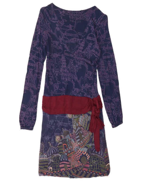Desigual Womens Abstract Pattern Drop Waist Dress UK 8 Small Navy Blue