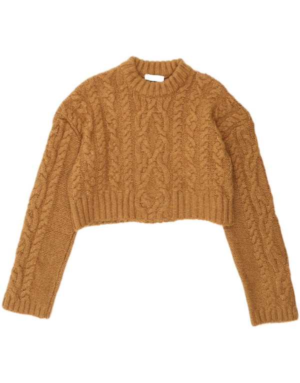 Zara Womens Crop Crew Neck Jumper Sweater UK 14 Medium Beige Acrylic