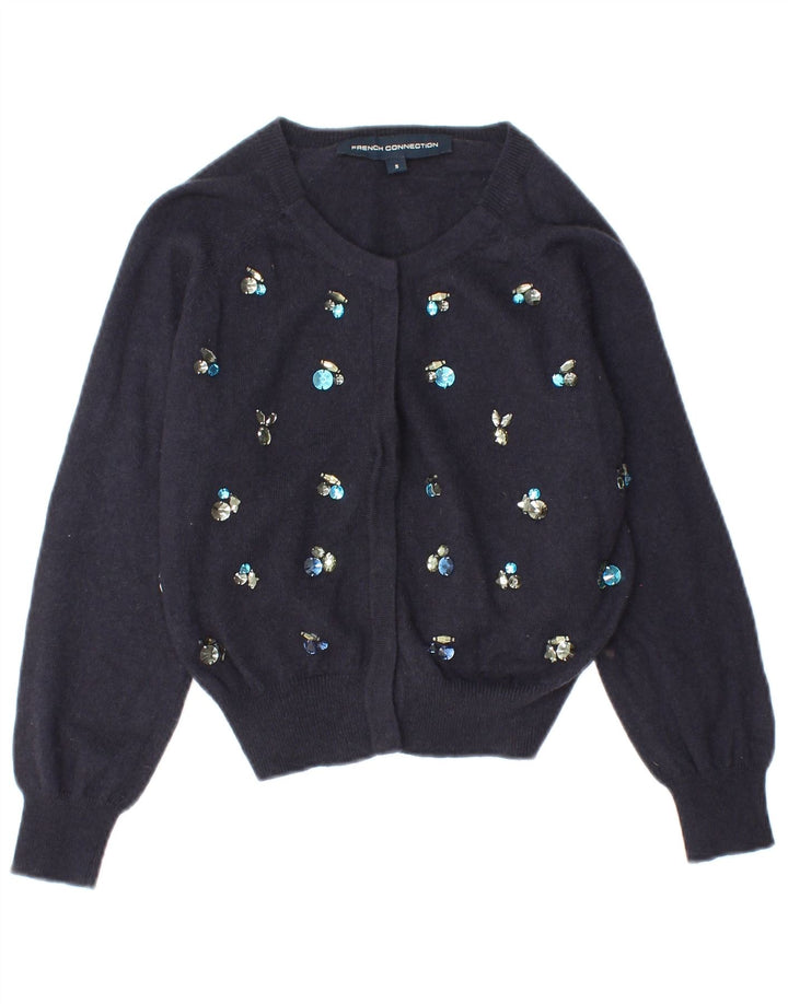 FRENCH CONNECTION Womens Crop Cardigan Sweater UK 10 Small Navy Blue Wool