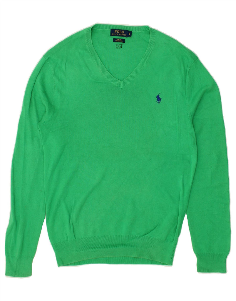 POLO RALPH LAUREN Mens Slim Fit V-Neck Jumper Sweater Small Green Cotton | Vintage Polo Ralph Lauren | Thrift | Second-Hand Polo Ralph Lauren | Used Clothing | Messina Hembry 