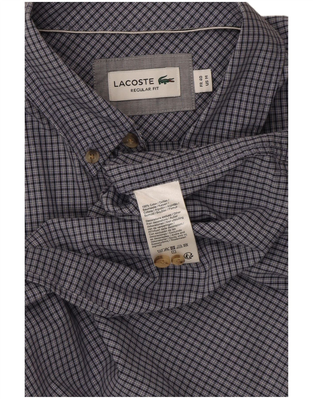 Lacoste Mens Short Sleeve Shirt Size 40 Medium Navy Blue Check Cotton