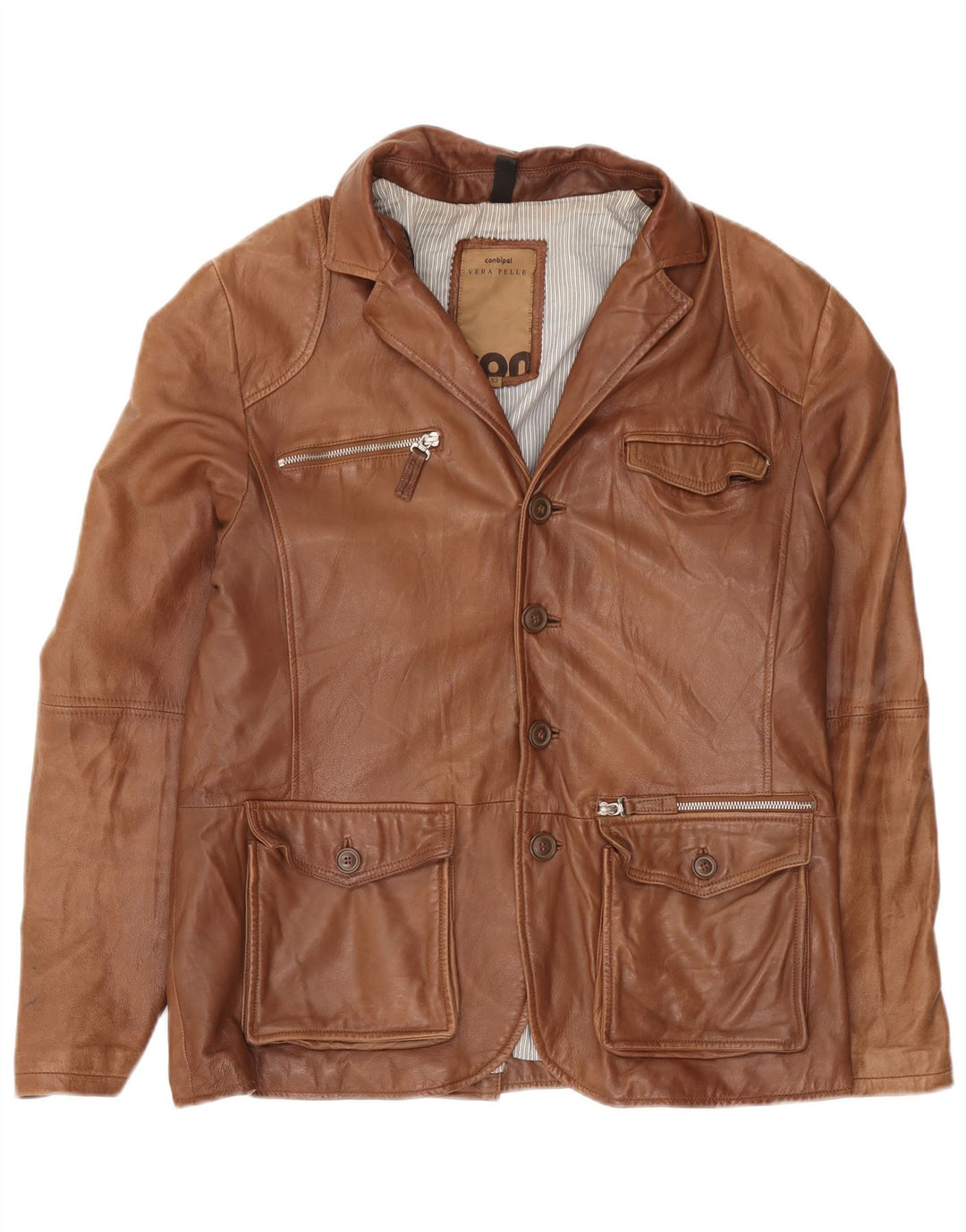 Conbipel Mens Leather 4 Button Blazer Jacket IT 52 Large Brown Leather