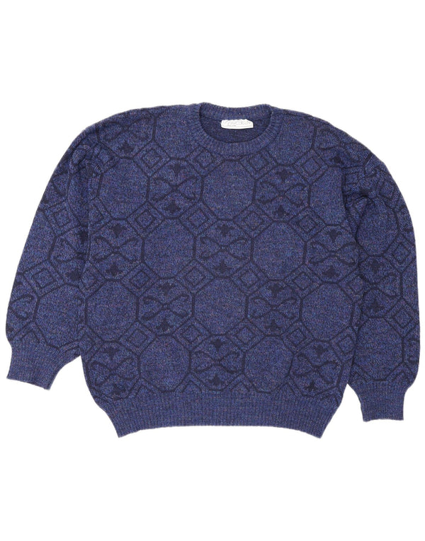 Vintage Mens Crew Neck Jumper Sweater XL Blue Geometric