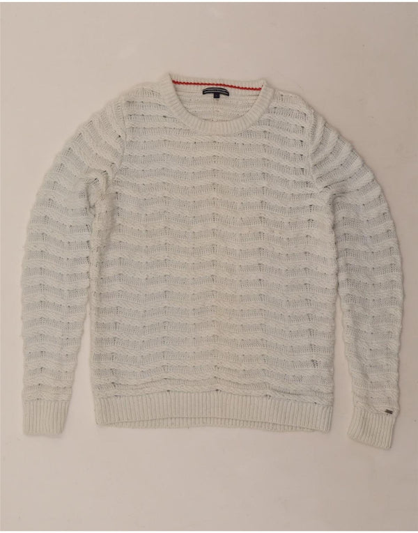 TOMMY HILFIGER Womens Boat Neck Jumper Sweater UK 14 Large White Cotton