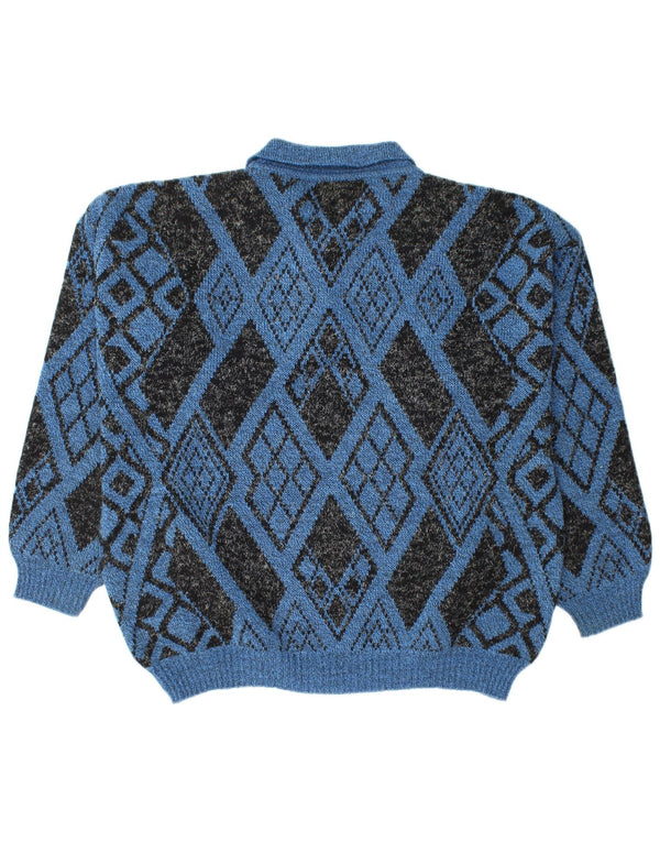 VINTAGE Mens Polo Neck Jumper Sweater Large Blue Argyle/Diamond