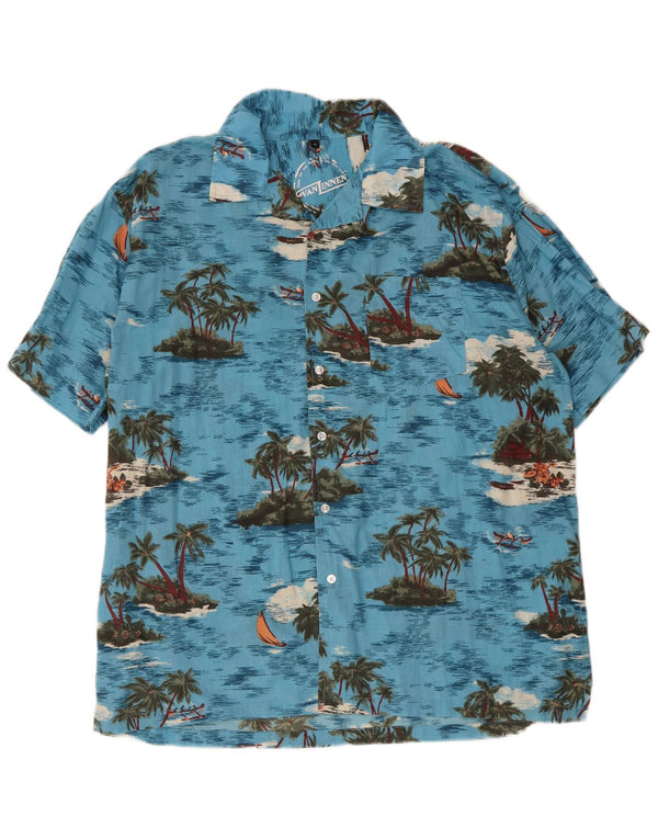 Vintage Mens Short Sleeve Hawaiian Shirt XL Blue Cotton