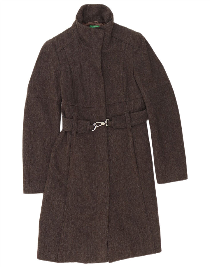 Benetton Womens Overcoat IT 42 Medium Brown Herringbone Wool