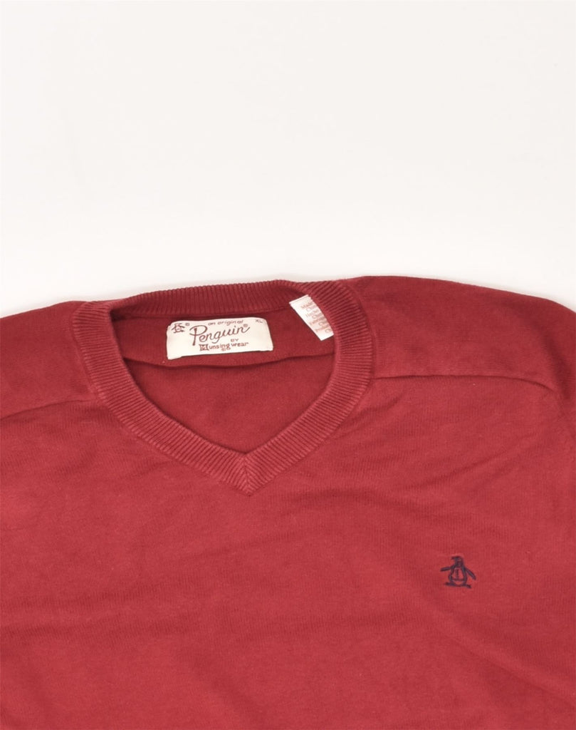 PENGUIN Mens V-Neck Jumper Sweater Medium Red Cotton | Vintage Penguin | Thrift | Second-Hand Penguin | Used Clothing | Messina Hembry 