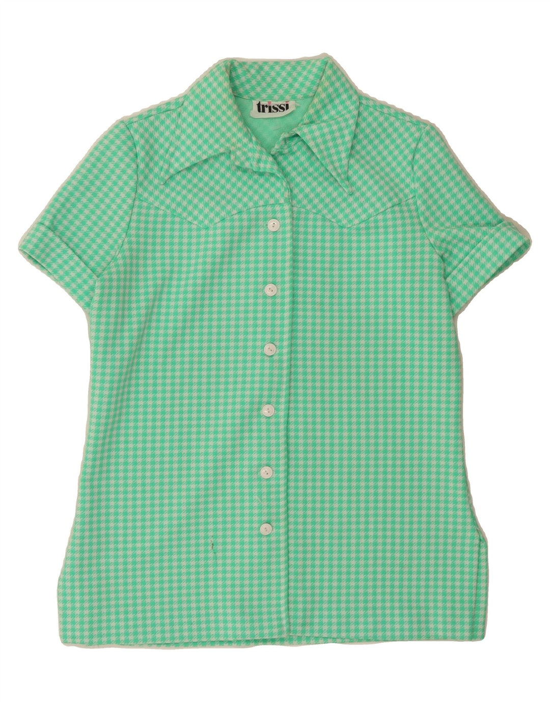 TRISSI Womens Short Sleeve Shirt Blouse UK 14 Medium Turquoise Houndstooth Vintage Trissi and Second-Hand Trissi from Messina Hembry 