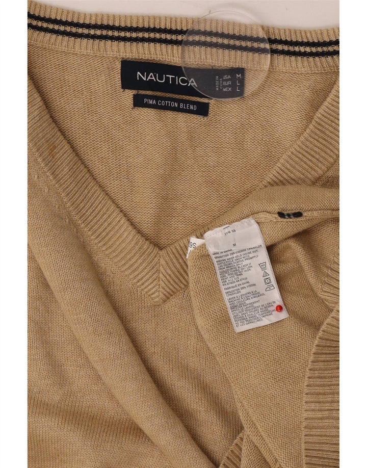 NAUTICA Mens V-Neck Jumper Sweater Medium Beige Cotton