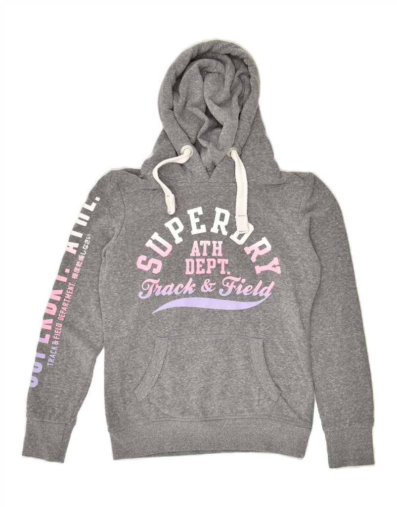 SUPERDRY Womens Track & Field Graphic Hoodie Jumper UK 6 XS Grey Cotton | Vintage Superdry | Thrift | Second-Hand Superdry | Used Clothing | Messina Hembry 