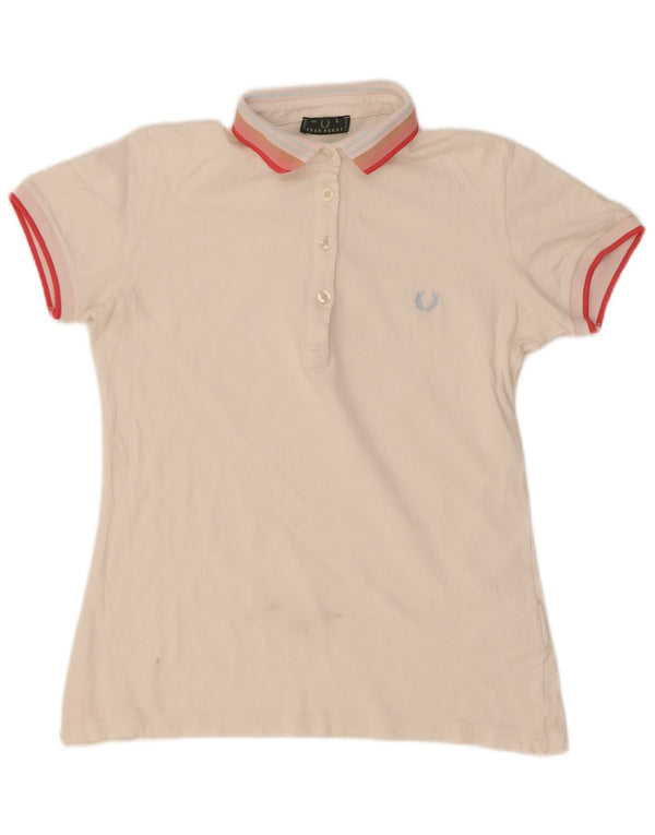 Fred Perry Womens Polo Shirt UK 14 Large White Striped Cotton