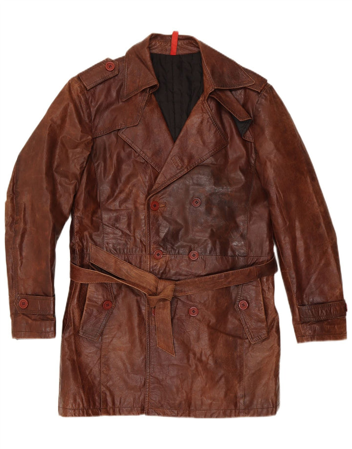 VINTAGE Mens Double Breasted Military Leather Coat IT 50 Large Brown