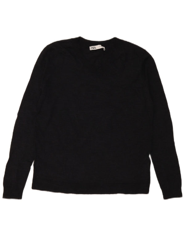 Zara Womens V-Neck Jumper Sweater UK 10 Small Navy Blue Wool