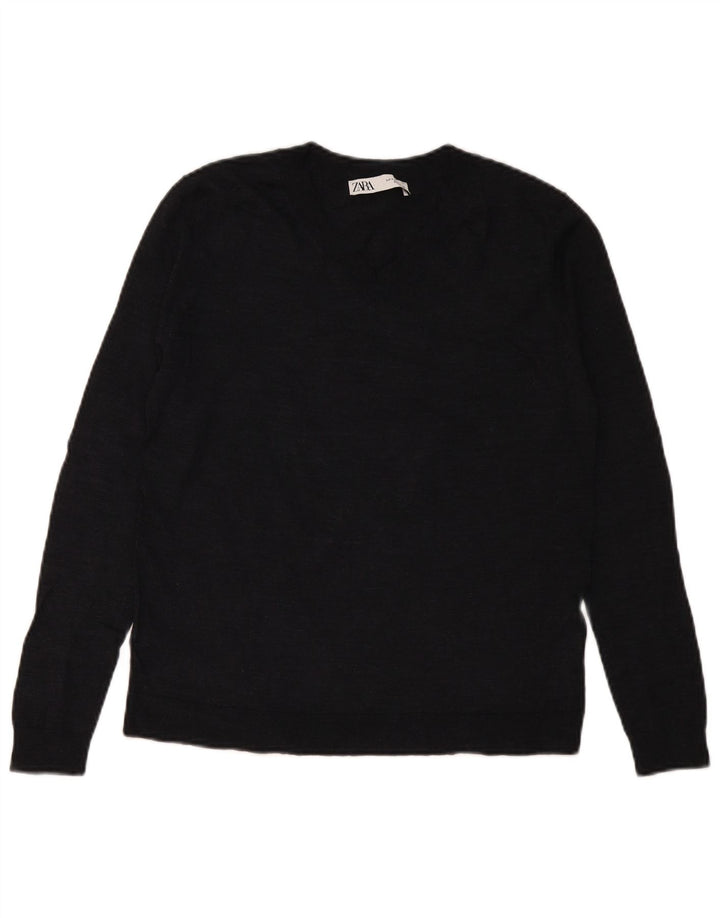 Zara Womens V-Neck Jumper Sweater UK 10 Small Navy Blue Wool