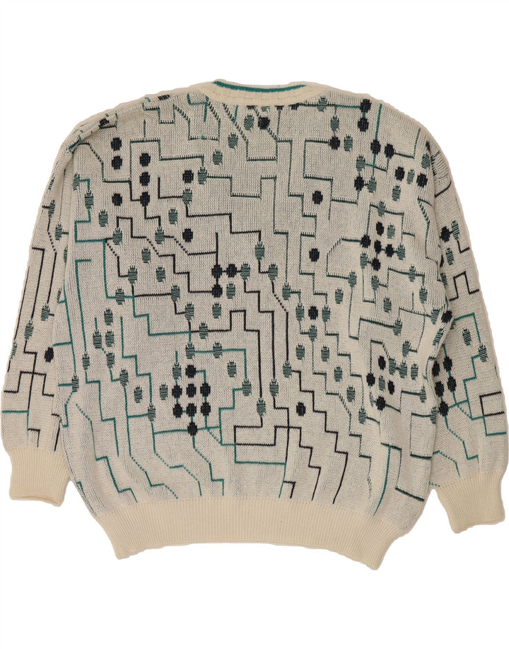 FISCHER Mens V-Neck Jumper Sweater IT 56 2XL Off White Geometric Cotton Vintage Fischer and Second-Hand Fischer from Messina Hembry 