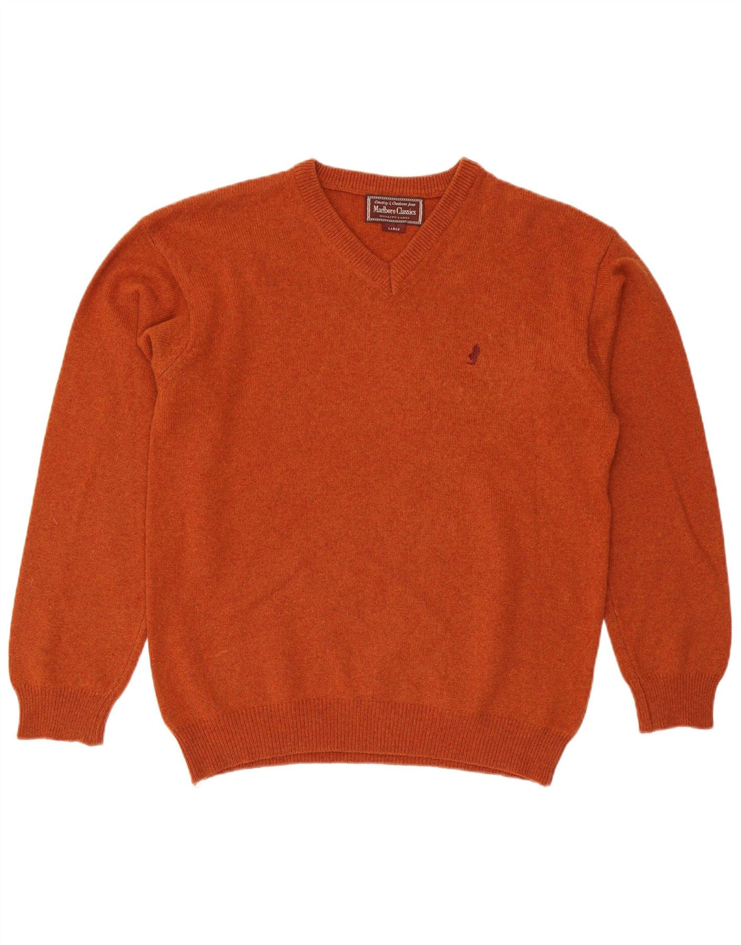 Marlboro Classics Mens V-Neck Jumper Sweater Large Orange Wool