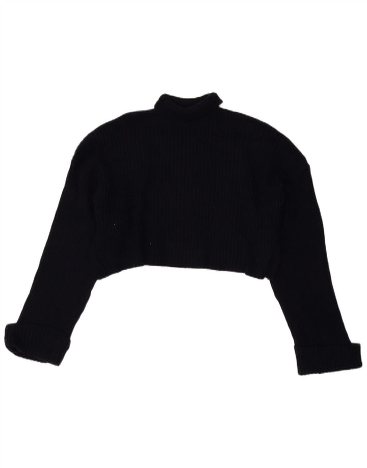 Zara Womens Crop Roll Neck Jumper Sweater UK 14 Medium Navy Blue Viscose