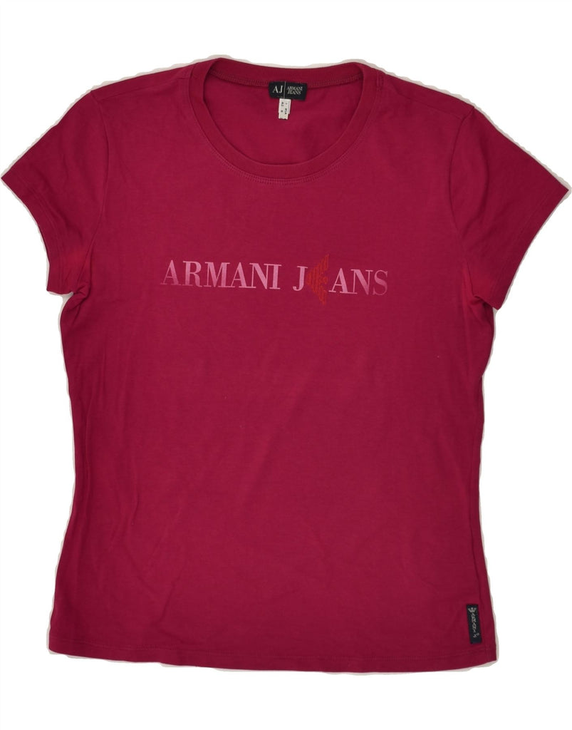 ARMANI JEANS Womens Graphic T-Shirt Top UK 12 Medium Pink Cotton | Vintage Armani Jeans | Thrift | Second-Hand Armani Jeans | Used Clothing | Messina Hembry 