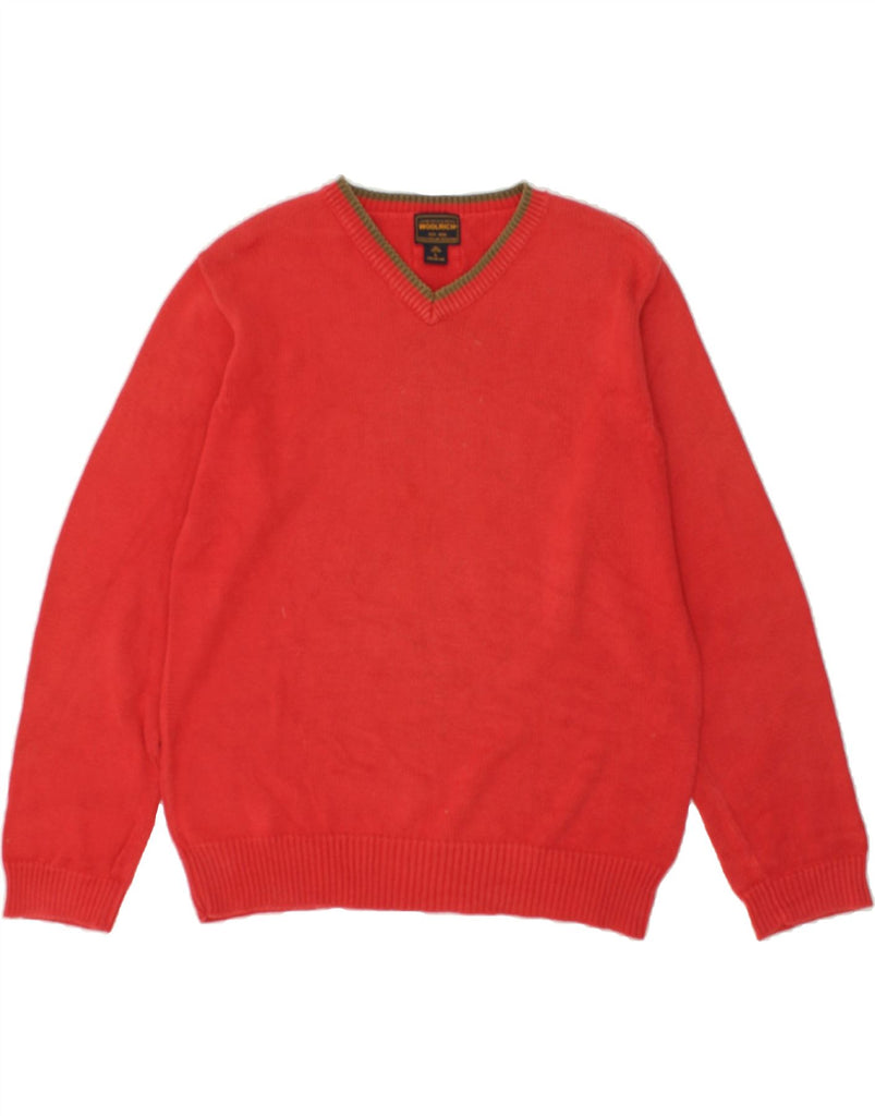 WOOLRICH Mens V-Neck Jumper Sweater Large Red Cotton | Vintage Woolrich | Thrift | Second-Hand Woolrich | Used Clothing | Messina Hembry 