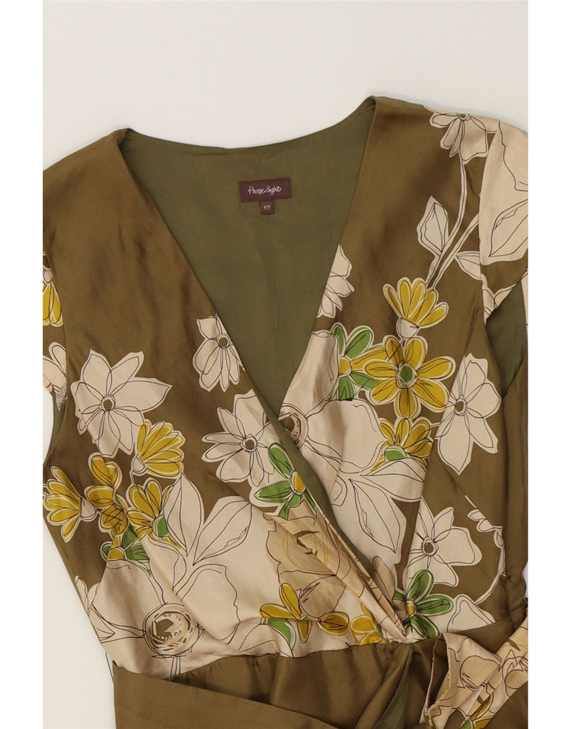 PHASE EIGHT Womens Sleeveless Wrap Dress UK 10 Small Khaki Floral Silk Vintage Phase Eight and Second-Hand Phase Eight from Messina Hembry 