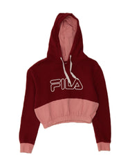 FILA Womens Crop Graphic Hoodie Jumper UK 6 XS Burgundy Colourblock Cotton