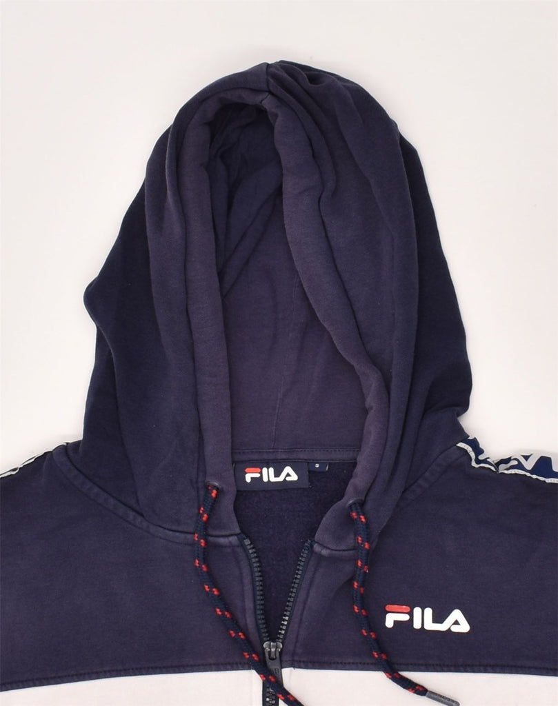 FILA Mens Graphic Zip Hoodie Sweater Small Navy Blue Colourblock Cotton | Vintage Fila | Thrift | Second-Hand Fila | Used Clothing | Messina Hembry 