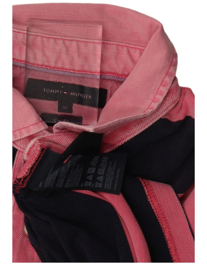 TOMMY HILFIGER Mens Slim Fit Rugby Polo Shirt XL Pink Striped
