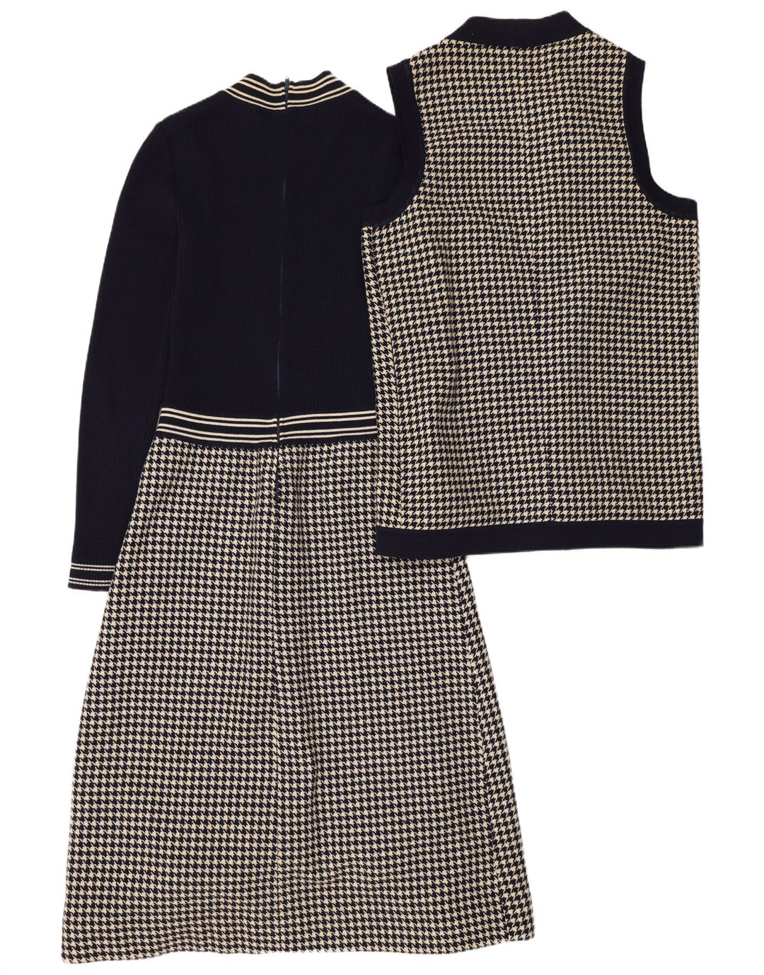 Vintage Womens 2 Piece Set UK 12 Medium Navy Blue Houndstooth
