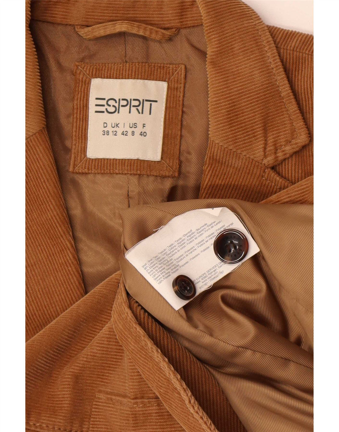 Esprit Womens 2 Button Corduroy Blazer Jacket UK 12 Medium Brown Cotton