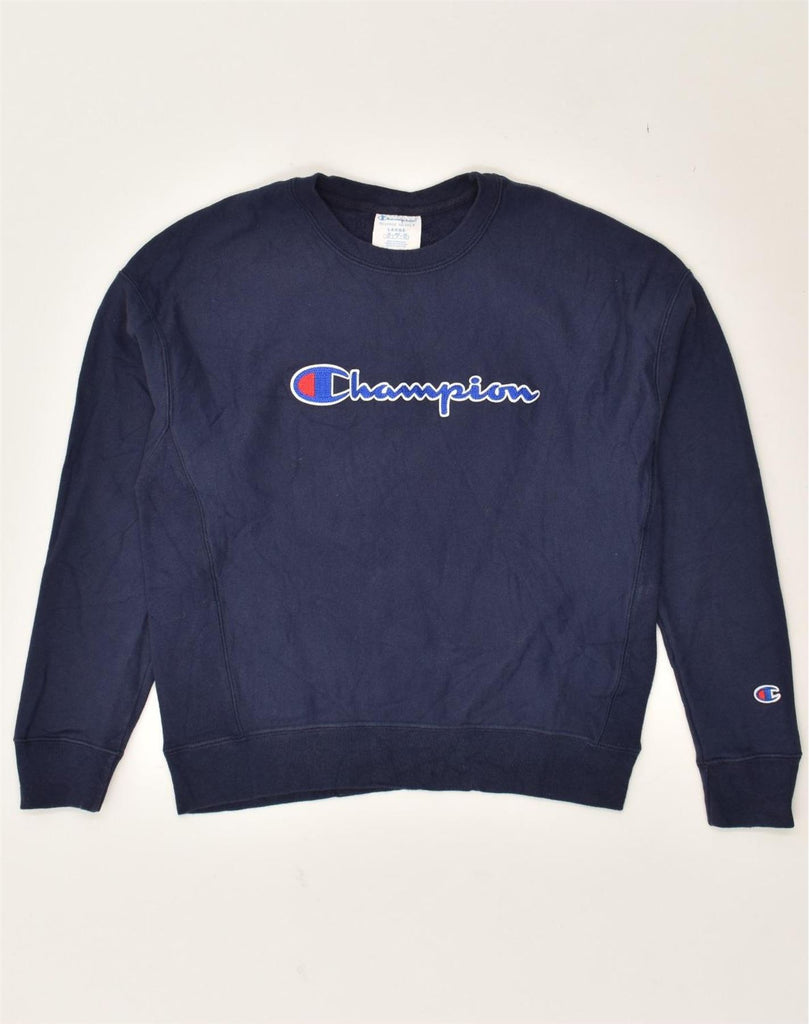 CHAMPION Womens Graphic Sweatshirt Jumper UK 16 Large Navy Blue Cotton | Vintage Champion | Thrift | Second-Hand Champion | Used Clothing | Messina Hembry 