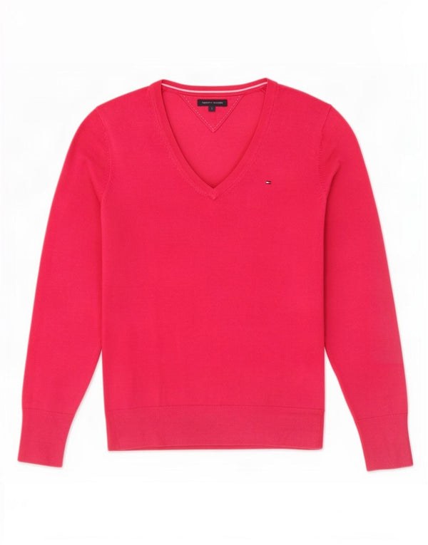 Tommy Hilfiger Womens V-Neck Jumper Sweater UK 10 Small Pink Cotton
